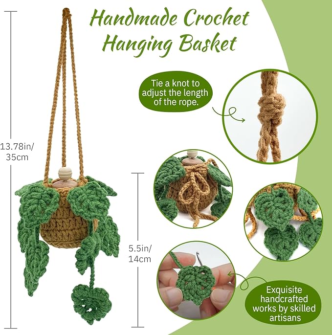 Crochet Car Air Freshener, 15ml Empty Refillable Oil Diffuser Bottle with Hanging Crochet Plant for Car Rearview Mirror Decor