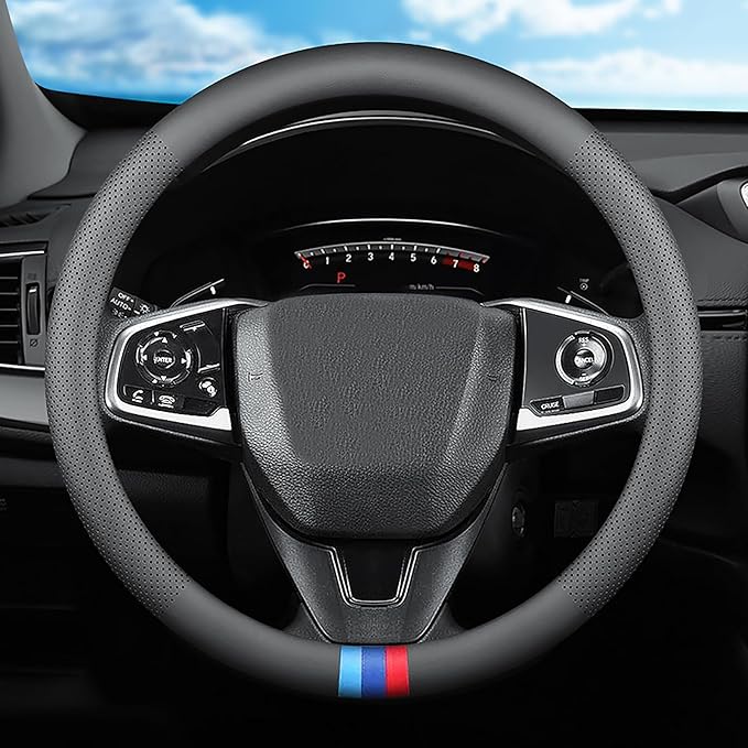 Tricolor Stripes Car Steering Wheel Cover,14.5-15 Inch Universal Nappa Leather 3D Mesh Covers Breathable Anti-Slip Odorless S