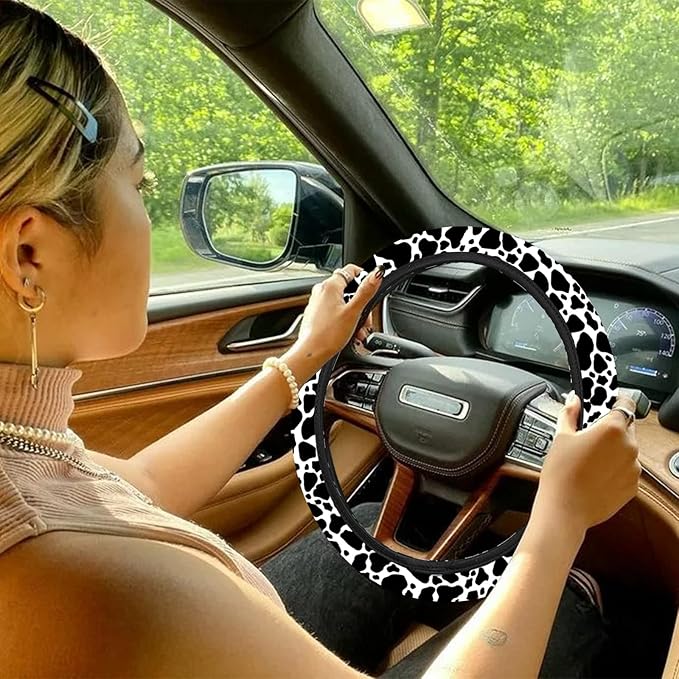 10 Pieces Cow Car Steering Wheel Cover Center Console Armrest Pad Headrest Seat Belt Cover Handbrake Cover Keychain Coaster Full Set Car SUV(Cow)