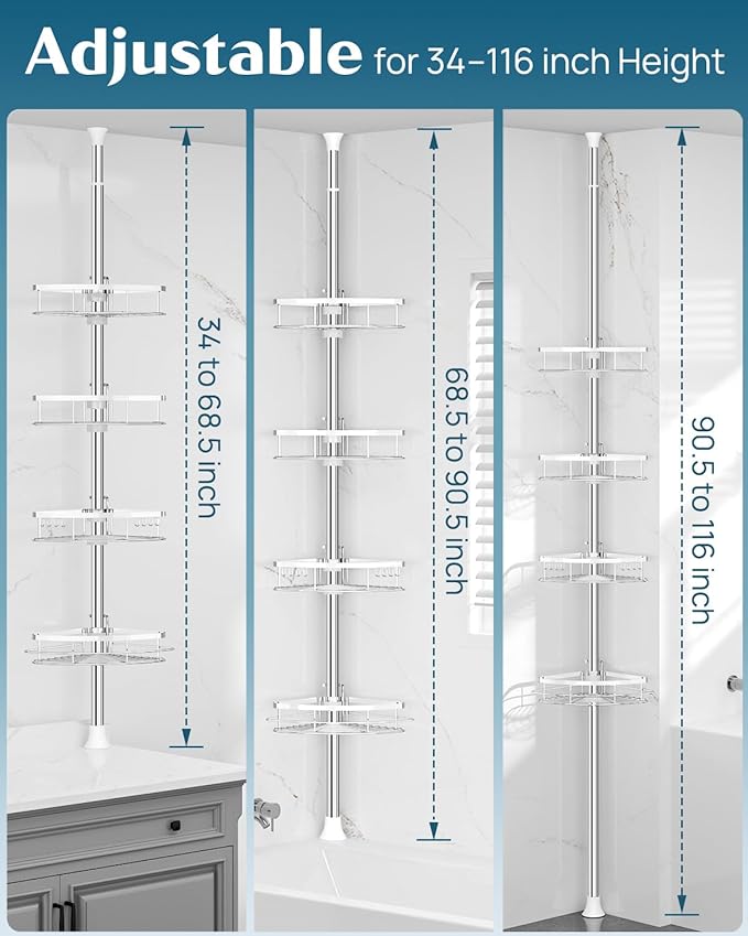 SEIRIONE Rustproof Shower Corner Caddy Organizer for Bathroom, 4 Adjustable Shelves with Tension Pole, for Bathtub Shampoo Ac