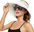 Sun Visor Hat for Women, Wide Brim Straw Summer UV Protection Hat, Foldable Roll-up Packable Beach Cap