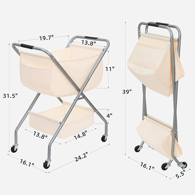 STORAGE MANIAC Collapsible Laundry Cart with Wheels 31.5"H Rolling Laundry Hamper Clothes Basket with Wheels, Canvas Liner St