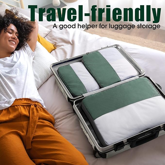 6 Set Compression Packing Cubes for Travel, Bonus Versatile Drawstring Backpack, Lightweight Luggage Organizer Bags, Sturdy T