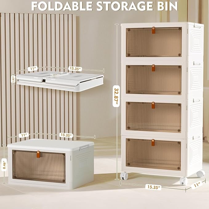 YFXCVSL 4 Tier Plastic Storage Bins with Lid 23QT, Stackable Storage Containers with Wheels, Folding Storage Boxes, Stackable