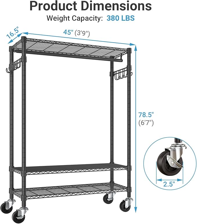 VIPEK R3 Plus Rolling Clothes Rack with Locking Wheels, Portable Closet for Hanging Clothes Heavy Duty Garment Rack with Adju