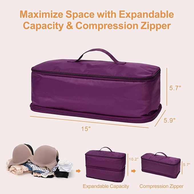 Cambond Travel Underwear Organizer Bag - 4-in-1 Soft Double Layer Bra Travel Bag, Portable Expandable Compression Packing Org