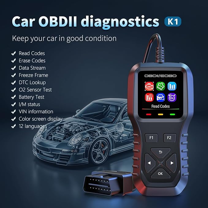K1 obd2 Scanner,obd2 Scanner Diagnostic Tool,Car Code Reader for Check Engine Light, Real-Live Data, Freeze Frame with Colour