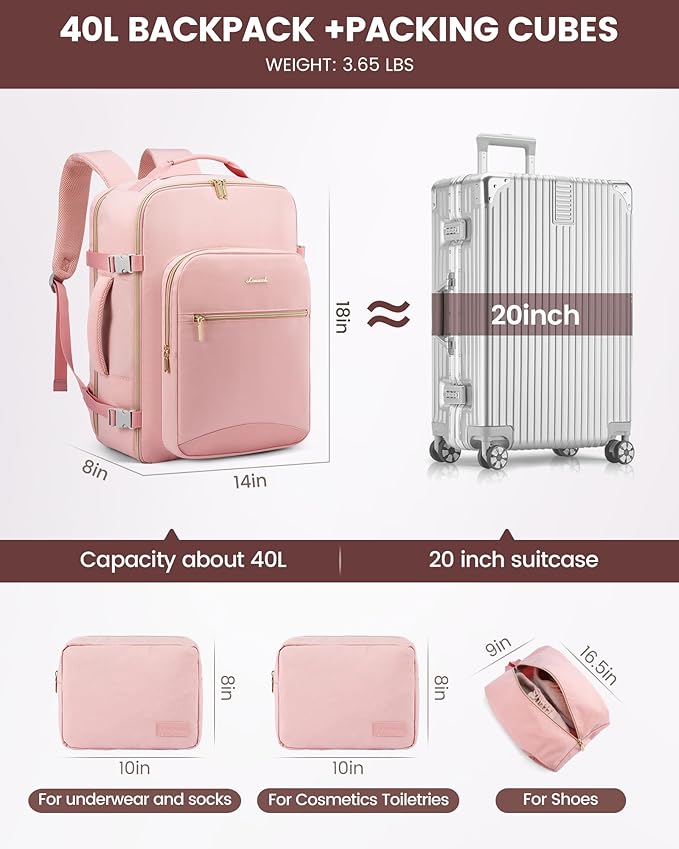 LOVEVOOK Travel Backpack for Women & Men 40L,Airline Approved Carry On Backpack Travel Essentials,TSA Carry on Luggage,Waterp
