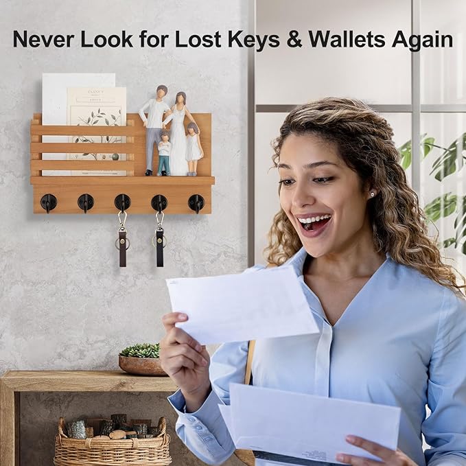 Lwenki Key Holder for Wall – Decorative Wooden Mail Holder and Key Shelf with Mounting Hardware, Installation Guide – Paulown