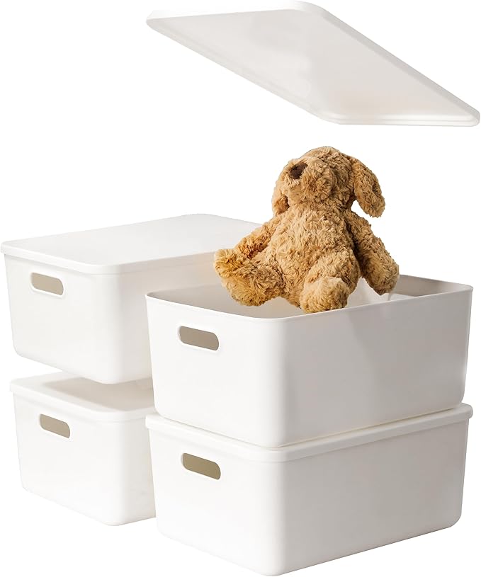 4 pack large plastic White storage bins Baskets, Toy Box Chest with Lids and Handle，Organizer Containers for Baby，Kids,snacks