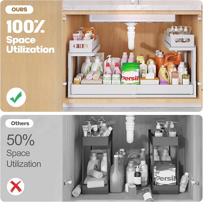 1 Pack-19"-32"W Expandable Under Sink Organizer With Upgrade Ball-Bearing Slide,2-Tier Pull Out Under Cabinet Organizer Heigh