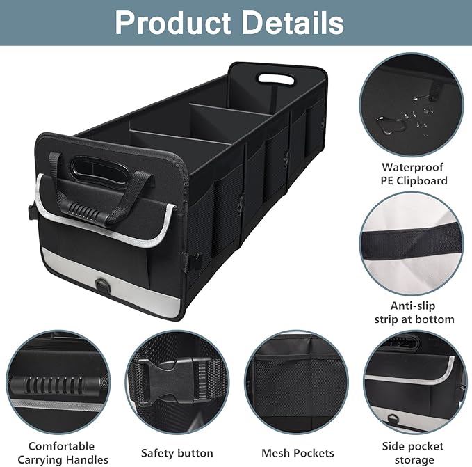 Car Trunk Organizer,Heavy Duty Collapsible 95 L Capacity Car Trunk Storage Organizer,Multi-Compartment Pockets, Adjustable Stra
