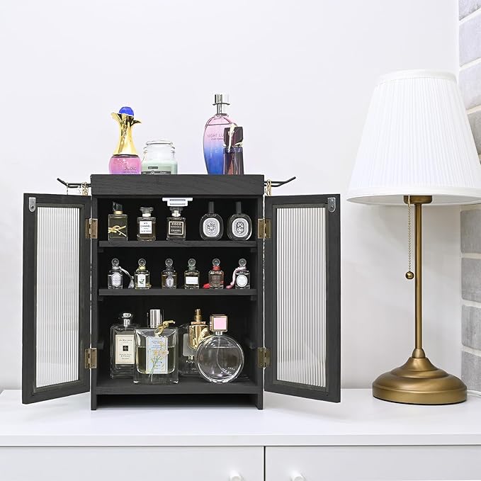 Ikee Design Wooden Countertop Storage Cabinet with Wavy Magnetic Door, Adjustable Shelves, Removable Hooks. Perfect for Perfu