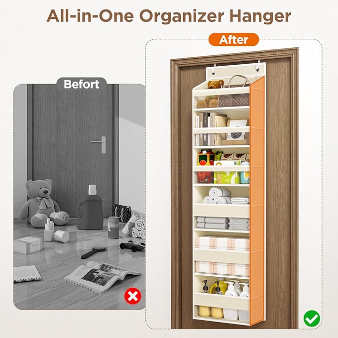 Mefirt Over The Door Organizer, 6 Shelf Door Hanging Organizers with 6 Large Capacity Pockets, Behind Door Storage Hanging Sh