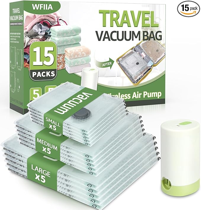 Vacuum Bags for Travel with Rechargeable air Pump, 3 Sizes Vacuum Seal Bags for Clothing, Space-Saving Compression Storage Ba