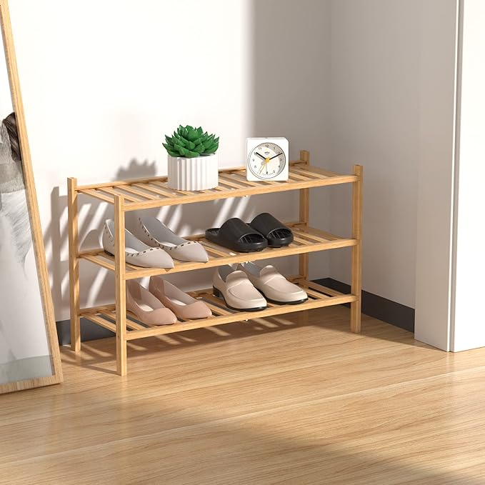 RONGJlA 3 Tier Bamboo Shoe Rack for Closet Free Standing Wood Shoe Shelf Storage Organizer for Entryway Small Space Stackable