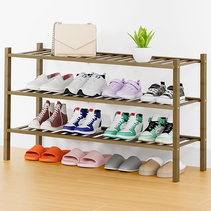 Smiry Shoe Rack, 3 Tier Thick Long Bamboo Shoe Organizer, Stackable Free Standing Wooden Shoe Storage Shelf for Closet, Entry