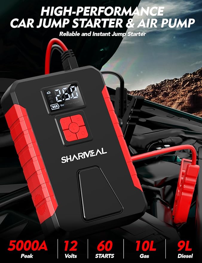 Sharmeal Jump Starter with Air Compressor, 5000A 160PSI Car Jump Starter Battery Pack (10.0L Gas/9.0L Diesel), Battery