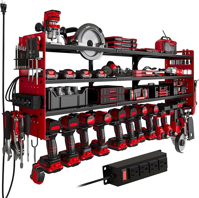 12 Cordless Drill Holder Large Power Tool Organizer Wall Mount with Side Pegboard & Screwdriver Holder, 4-Tier Heavy Duty Met