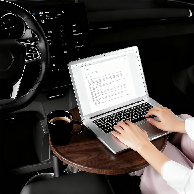 Car Tray Table for Laptop & Eating – 360° Rotating Birch Car Desk, Steering Wheel Tray & Cup Holder Table, Car Desk for Laptop, Compatible with Sedans, SUV, Truck, RV (E)