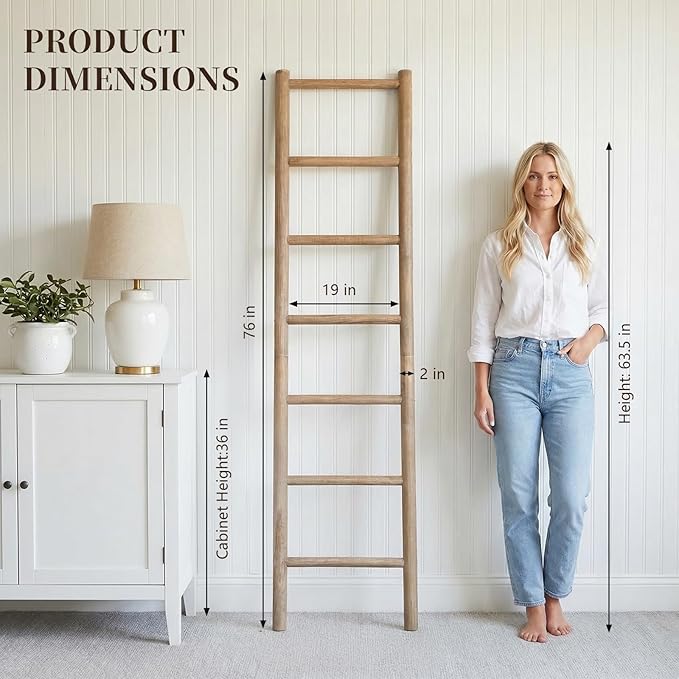 Wooden Blanket Ladder - 76in(7-Rung) Natural Wood Color- Leaning Wall Decor for Bedroom, Bathroom, Living Room - Rustic Quilt