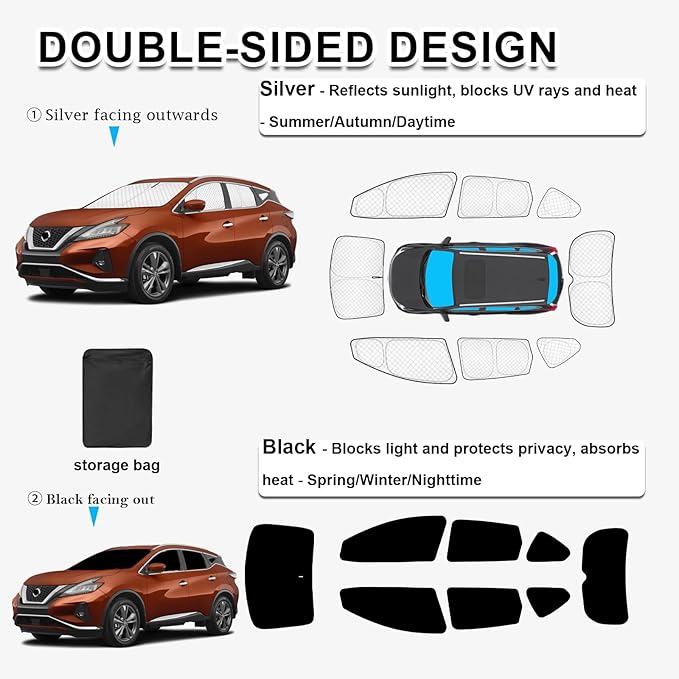 KMF 8pcs Thicken Sun Shades for Nissan Murano 2015-2024 Accessories, Full Car Window Covers Sunshade for Windshield Side Rear, UV Block and Blackout Privacy for Car Camping Outdoor