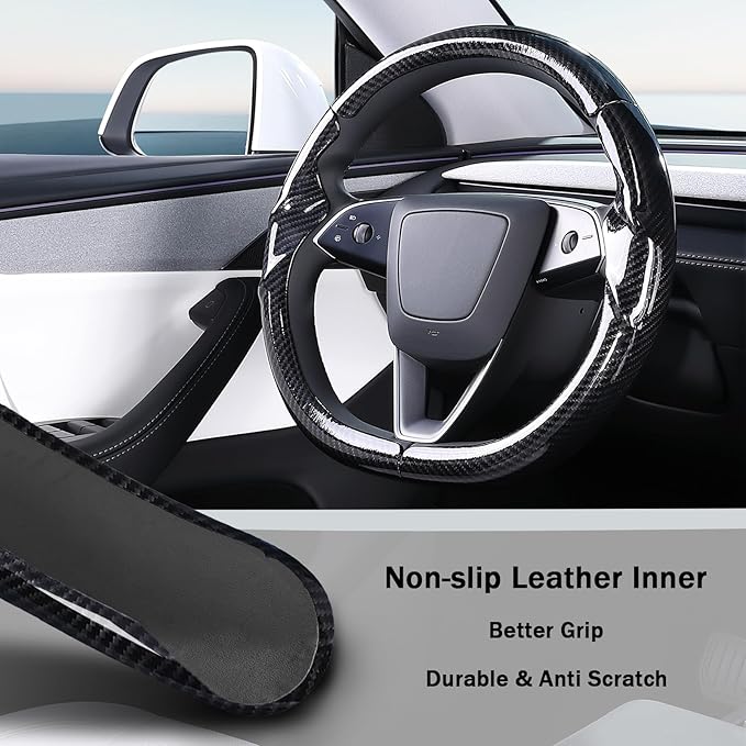 Steering Wheel Cover for Tesla Model 3 2024-Present Highland/Tesla Model Y Juniper 2025-Present, Carbon Fiber Steering Wheel Cover for Tesla Model 3 Highland/Y Juniper Accessories, Glossy Black