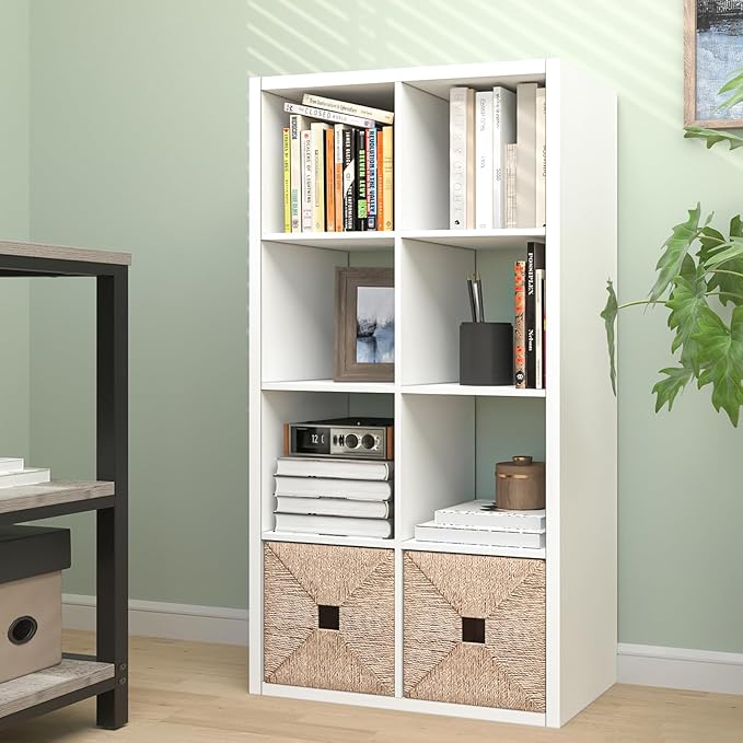 CTESNE【2026 Wooden Thick Frame 8 Cube Storage Organizer Shelf with Anti-Tipping Kits + Reversible Open Back Bookcase, Horizon
