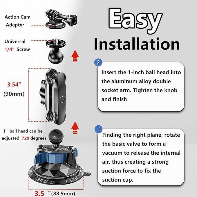 Camera Suction Cup Mount with Ball Head Magic Arm, Twist-Lock Composite Suction Cup Mount on Car Boat Windshield Window with 1/4"-20 Threaded for Action Camera/Camcorder/Phone Holder