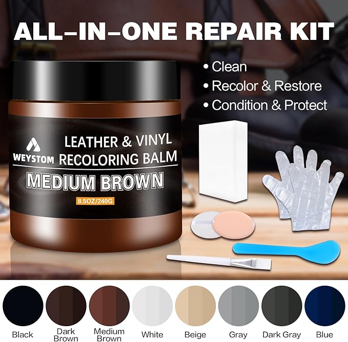 Leather Recoloring Balm - Medium Brown Leather Repair Kit for Furniture, Dye, Recolor, Renew, Repair & Restore Aged, Faded, C