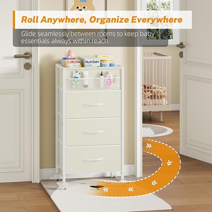4-Tier Baby Diaper Caddy Organizer Cart with 3 Storage Drawers, Rolling Cart with Dividers & Side Pockets for Nursery, Baby E
