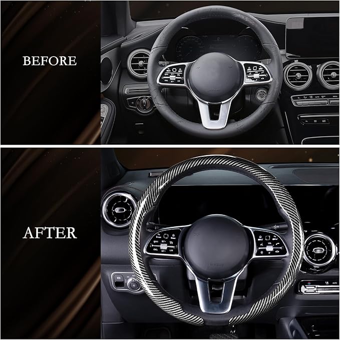 Aimato Car Steering Wheel Cover Carbon Fiber, Ultra-Thin Car Steering Wheel Cover,Comfortable & Breathable Microfiber,Universal Fit for Most Cars, Bright Silver
