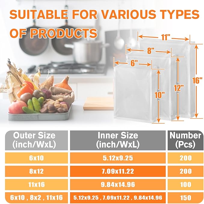 FUNFERY Precut Vacuum Sealer Bags for Food, 100 Gallon 11" x 16", Food Long-Term Storage and Sous Vide Commercial-Grade Bag, 