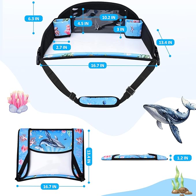 Kids Travel Tray for Toddler Carseat, Road Trip Activities Essentials for Toddler, Kids Lap Desk Tray with Tablet Holder Stand ＆ Dry Erase Board (Whale)