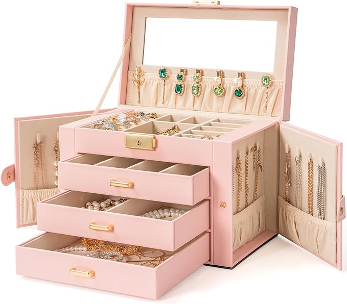 AKOZLIN Large 4-Tier Jewelry Box Leather Jewelry Storage Organizer with 3 Drawers Lockable for Women Girls Ring Necklace Earr