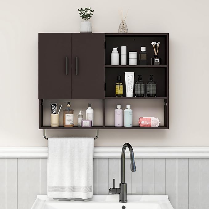 Medicine Cabinet, Wooden Bathroom Wall Cabinet with 2 Doors, Adjustable Shelves & Towel Bar, Over Toilet Storage Cabinet Wall