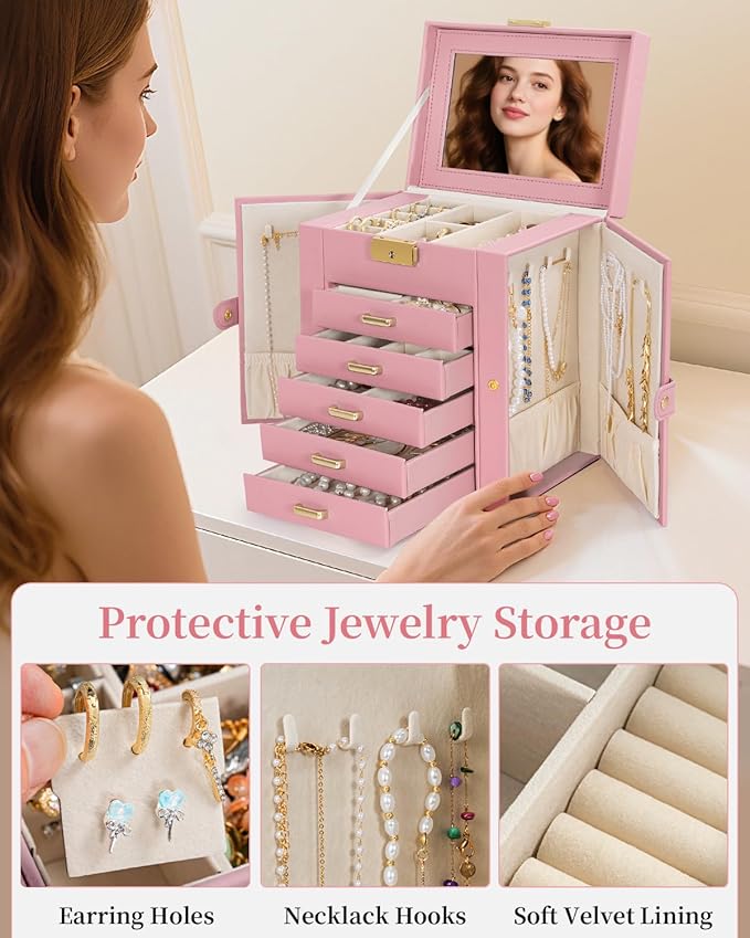 TORIBIO Large Jewelry Box for Women, Leather Jewelry Organizer with Mirror & Lock, 6-Tier Jewelry Storage Case for Girls/Wome