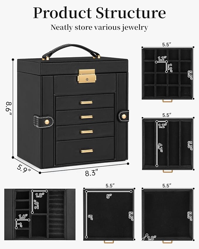 TORIBIO Jewelry Box for Women, Leather Jewelry Organizer with Mirror & Lock, 5-Tier Jewelry Storage Organizer with 4 Drawers 