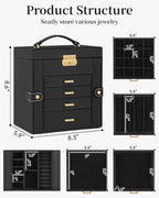 TORIBIO Jewelry Box for Women, Leather Jewelry Organizer with Mirror & Lock, 5-Tier Jewelry Storage Organizer with 4 Drawers 