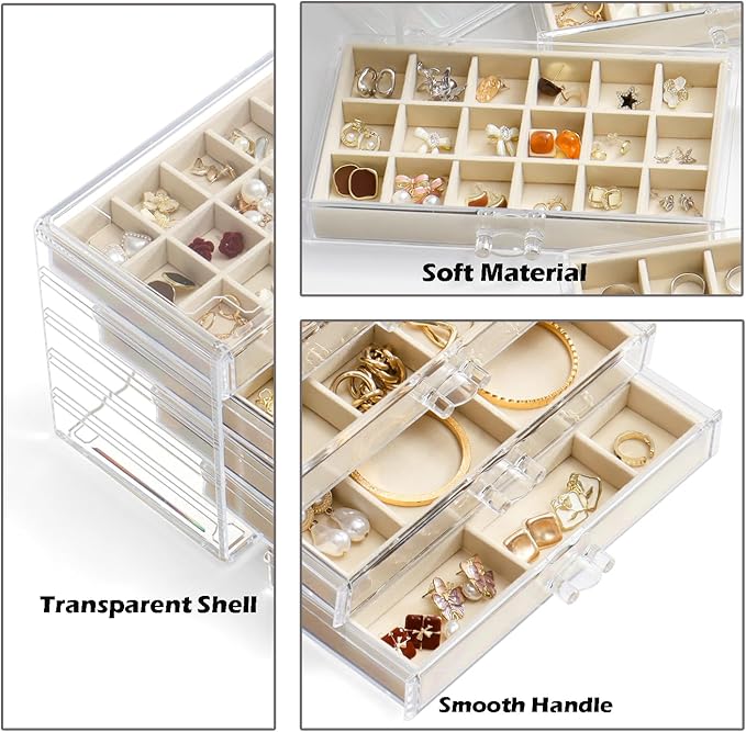 YUFONG Jewelry Organizer with 5 Drawers Clear Acrylic Earring Display Case Velvet Jewelry Storage Box Display Holder for Earr