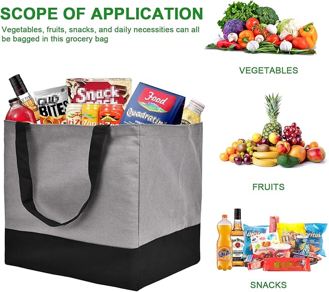 Canvas Reusable Grocery Bags Heavy Duty, 8.3 gal Foldable Large Tote Bag with Handles, Holds 60 lbs Canvas Shopping Bags, 1 Pack