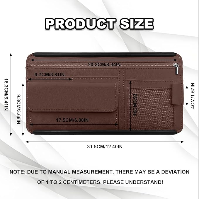 Car Sun Visor Storage Bag, Soft Leather Surface Organizer, Scratch-Resistant Auto Sunshade Organizer Bag, Can Store ID Card, Eyeglasses, Pen, Driving License etc (Brown)