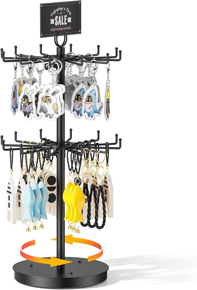 ORLESS 2 Tier Rotating Jewelry Display Stand, Keychain Display Stand with 24 Hooks, Black Metal Retail Display Spinning Holde