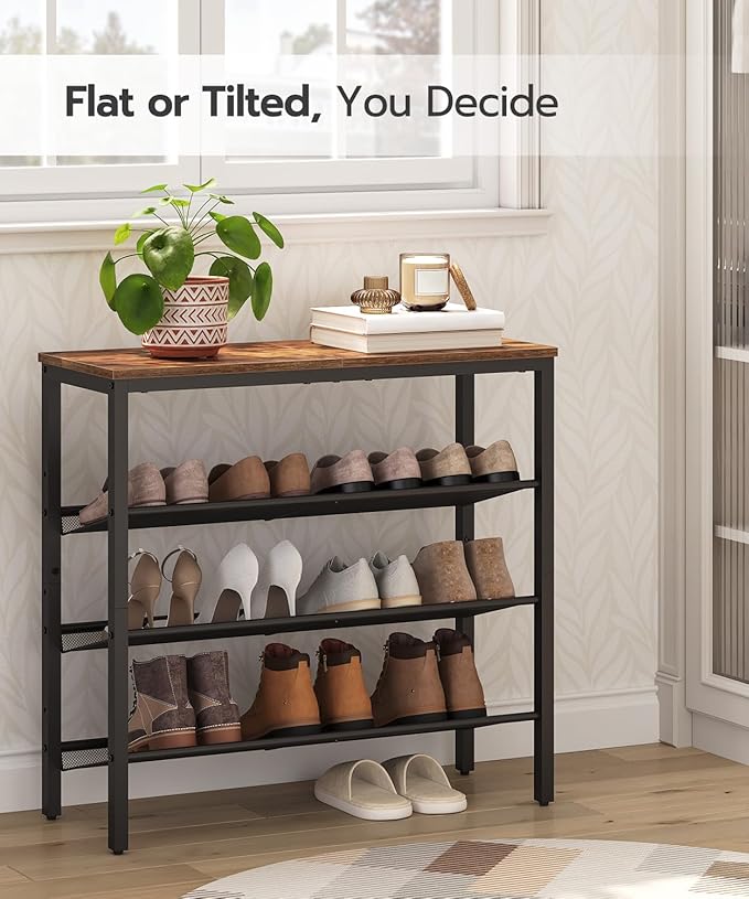 HOOBRO Shoe Rack for Entryway, 4-Tier Shoe Organizer with Adjustable Mesh Shelves, 12-16 Pairs of Shoes, Spacious Floor Mount