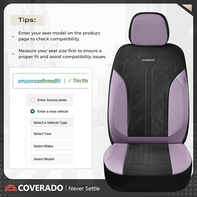 Coverado Seat Covers for Car 5 Seats, Leather Car Seat Covers Fullset, Breathable Mesh Front and Rear Protectors, Purple Luxu