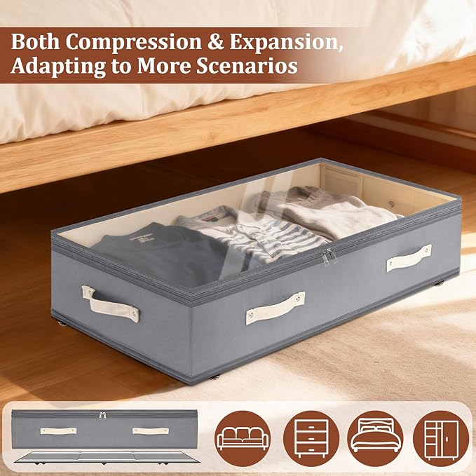 Dolicer 4 Pack Under Bed Storage with Wheels, 6in-10in Height Adjustable Underbed Storage Containers, 92L XXXL Under Bed Draw