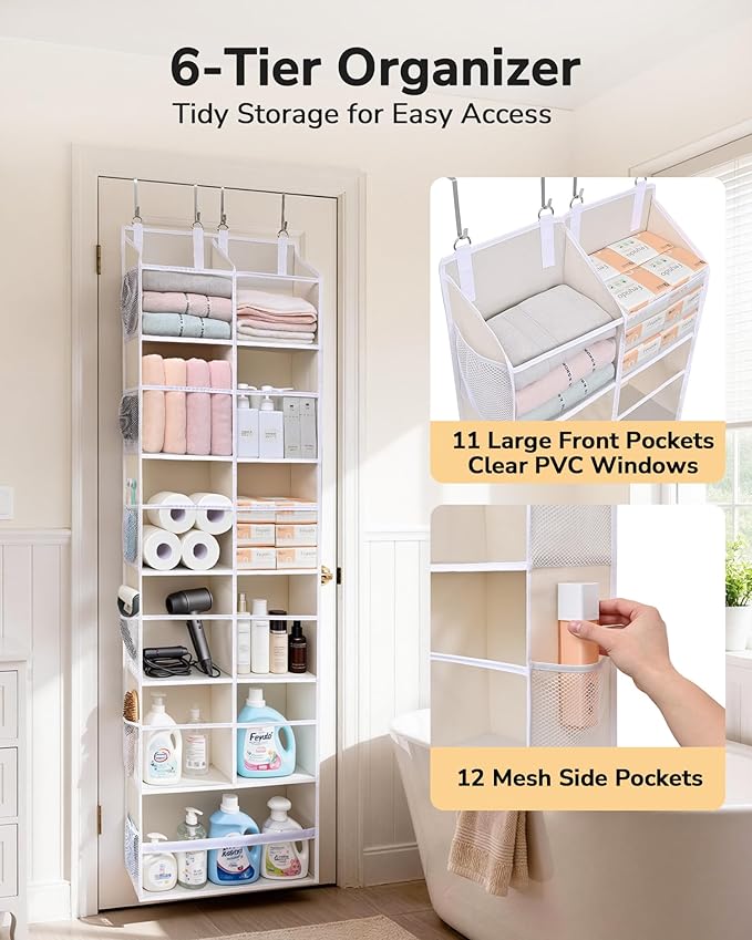 ULG Over the Door Organizer, 6-Tier Hanging Storage with Clear Windows, 19 Pockets for Closet,Bathroom & Nursery Door Organiz