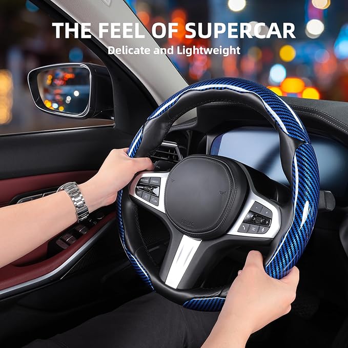 Car Steering Wheel Cover, 3 Piece Bright Carbon Fiber Steering Wheel Covers, Non-Slip Steering Wheel Cover Protector, Great Grip, Universal Car Accessories Decoration for 14.5-15 inch (Blue)
