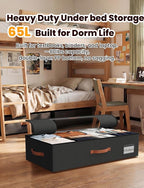 2-Pack Under Bed Storage Bins with Wheels and 6 Vacuum Seal Bags, Heavy Duty 80lbs Capacity, 65L Clear Lid Organizer for Dorm