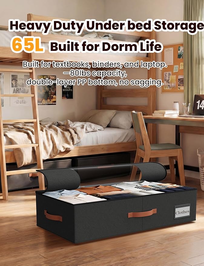 2-Pack Under Bed Storage Bins with Wheels and 6 Vacuum Seal Bags, Heavy Duty 80lbs Capacity, 65L Clear Lid Organizer for Dorm